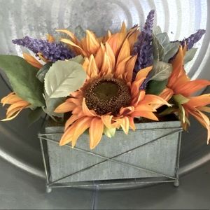 Fallautumn harvest sunflower centerpiece floral arrangement metal planter